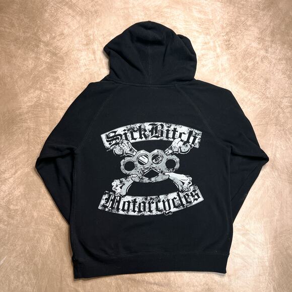 Sick B*tch Motorcycles Brass Knuckle Cross Bones Hoodie Sweatshirt Black Y2K - Picture 2 of 11